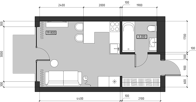 План проекта Мурано Студия 29 м²